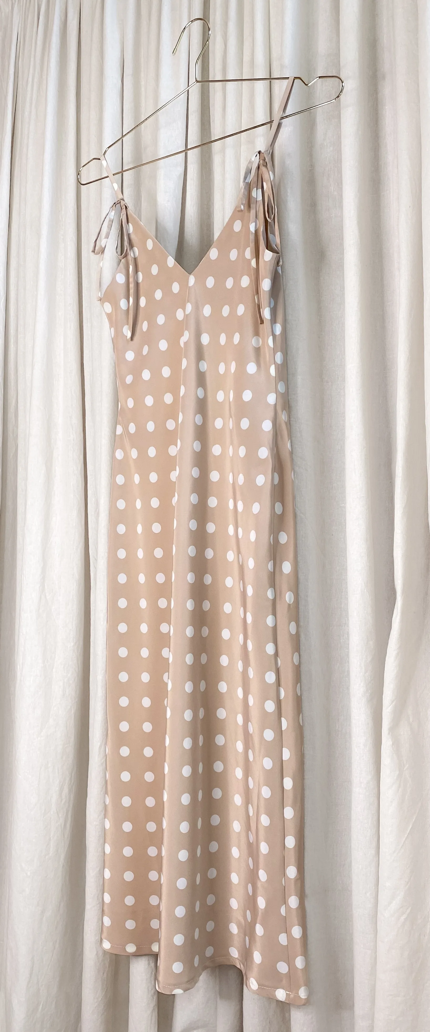 • PRE-LOVED • Handmade Bias Midi Slip Dress [ Spotty, Beige, Ties, Size Extra Small ]