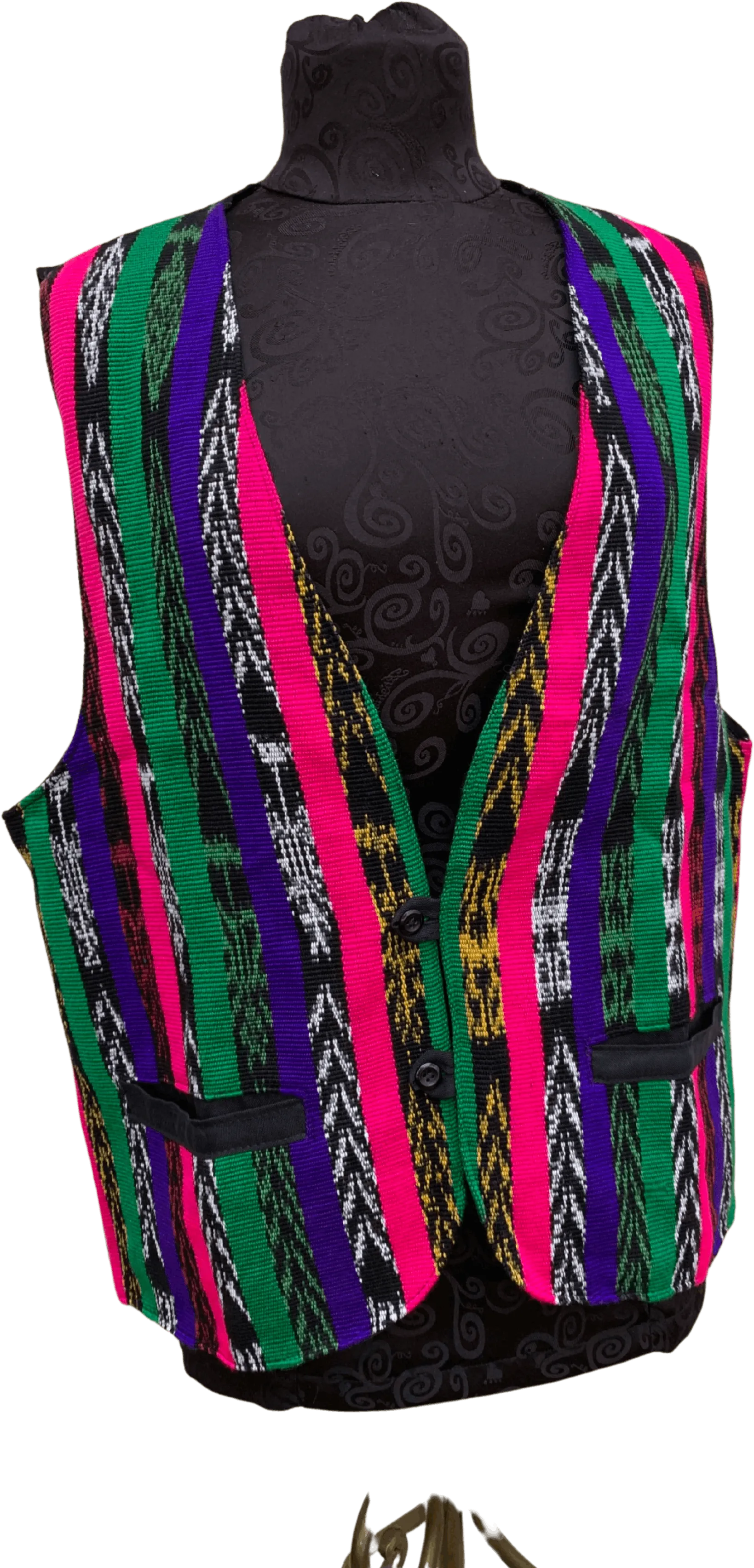 00's Neon Pink Green and Violet Striped Geometric Print Woven Vest