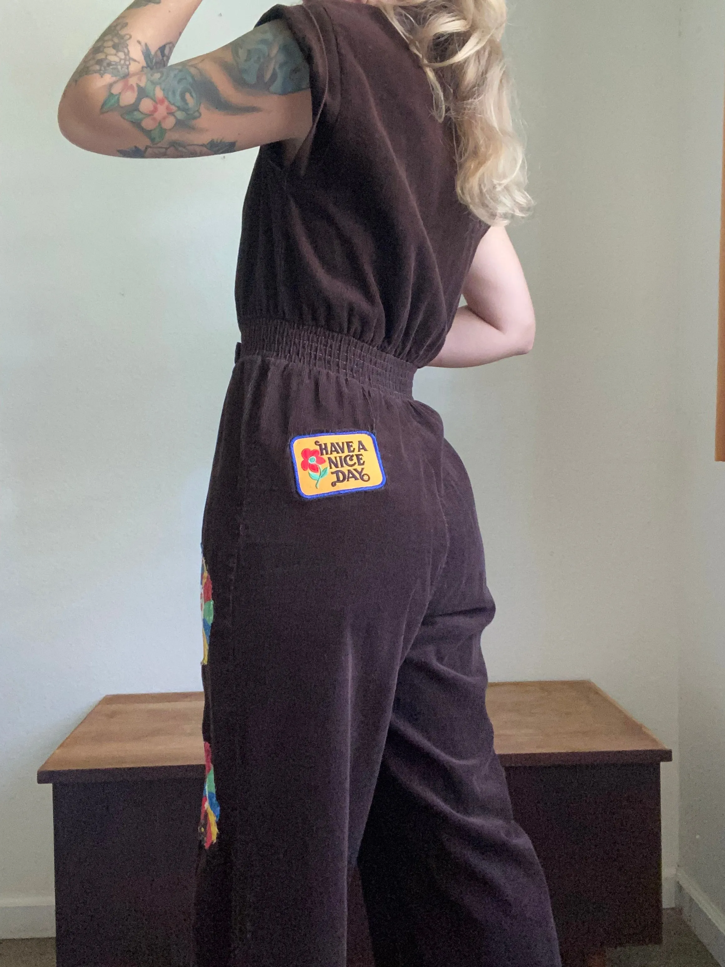 1970s Brown Corduroy Jumpsuit with Dresden quilt patches