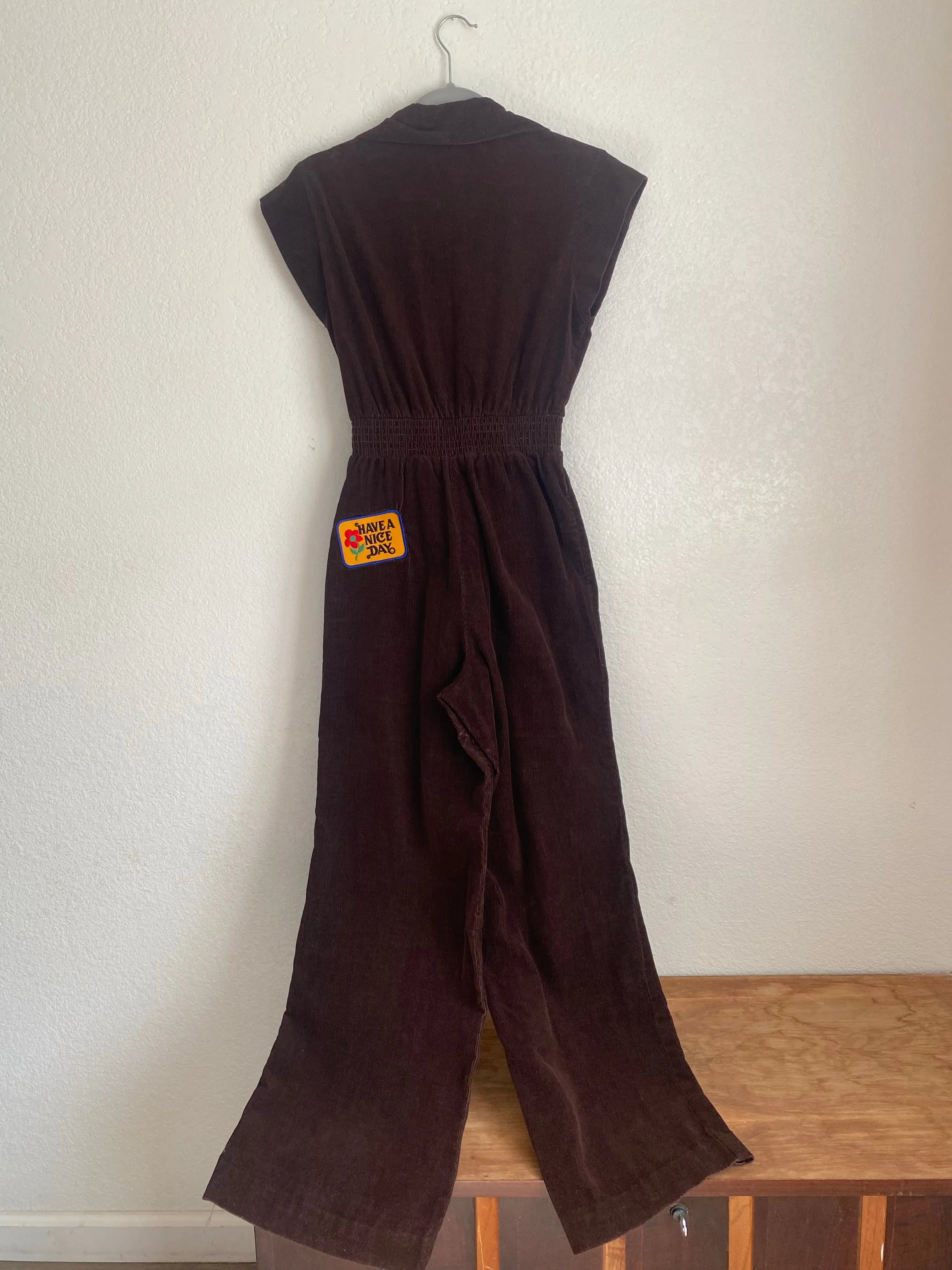 1970s Brown Corduroy Jumpsuit with Dresden quilt patches