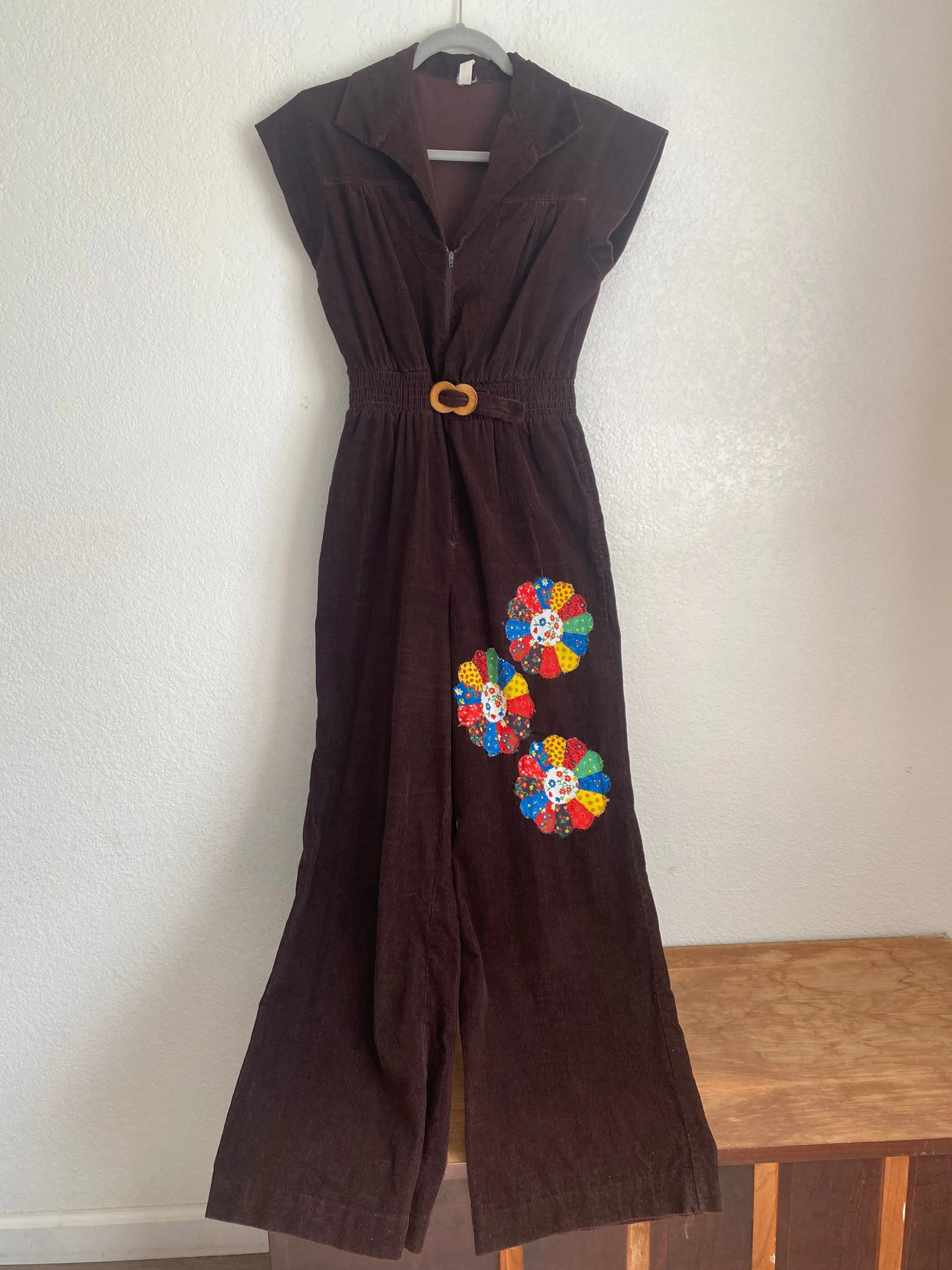 1970s Brown Corduroy Jumpsuit with Dresden quilt patches