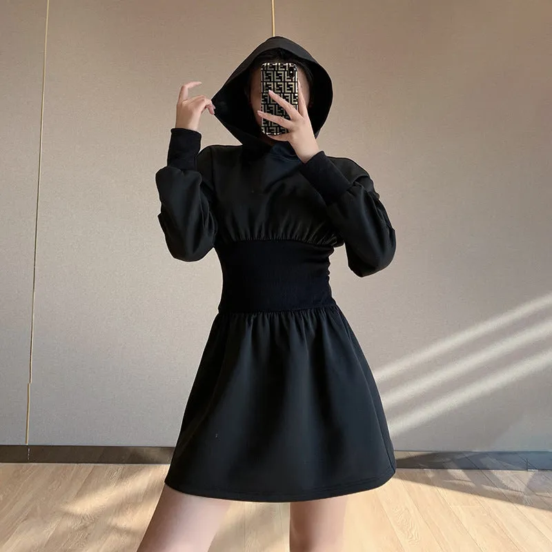 2022 slim hooded sexy gothic waistband thin bodysuit mini dress skater hoodie