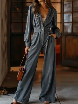 【24-hour shipping】Casual Retro Pocket Denim Long Sleeve Wide Leg Jumpsuit