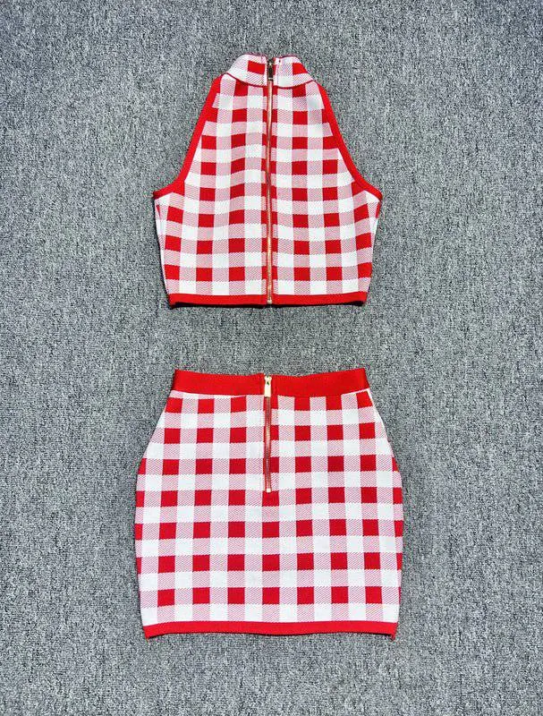 Abigail Sleeveless Gingham Print Button Embellished Mini skirt set