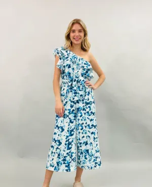 ABSTRACT PRINT JUMPSUIT WITH RUFFLE AND TIE