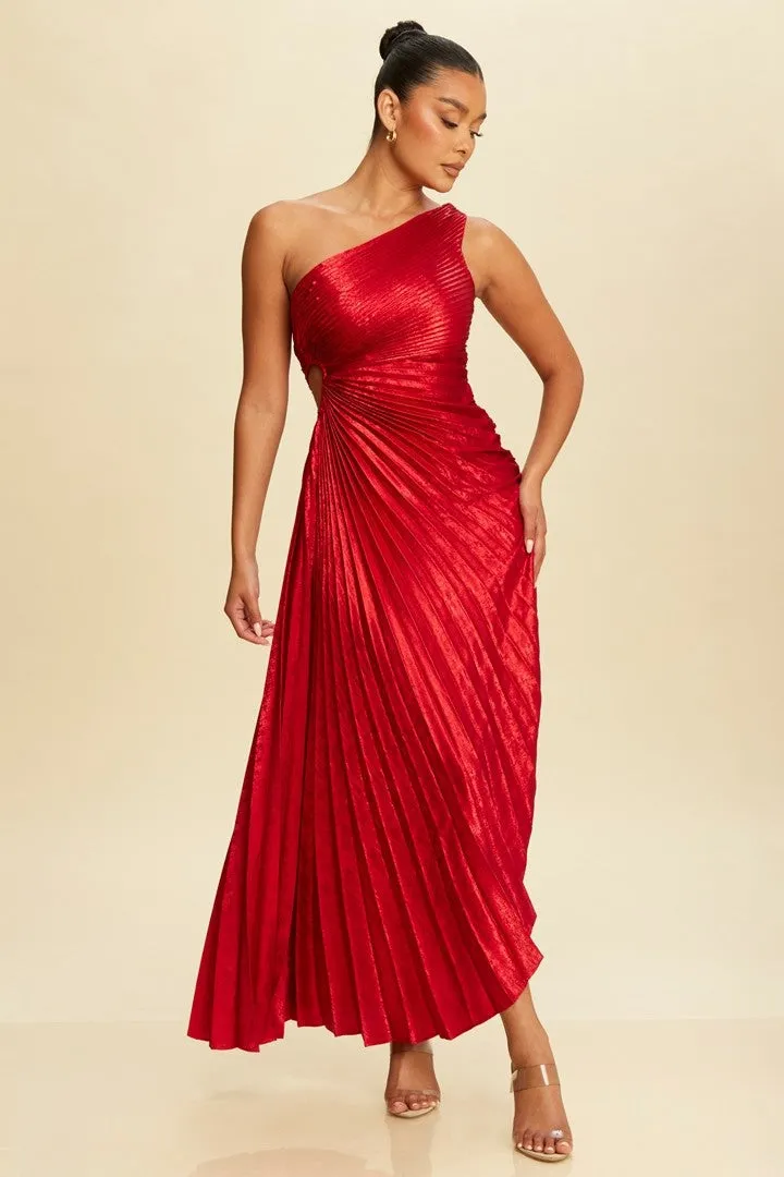 Adelynn One Shoulder Metalic Pleated Maxi Dress