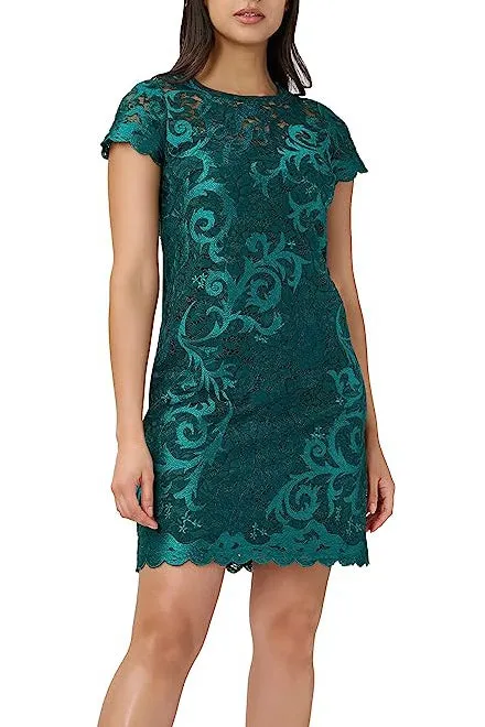 Adrianna Papell Illusion Crew Neck Short Sleeve Bodycon Zipper Back Lace Dress