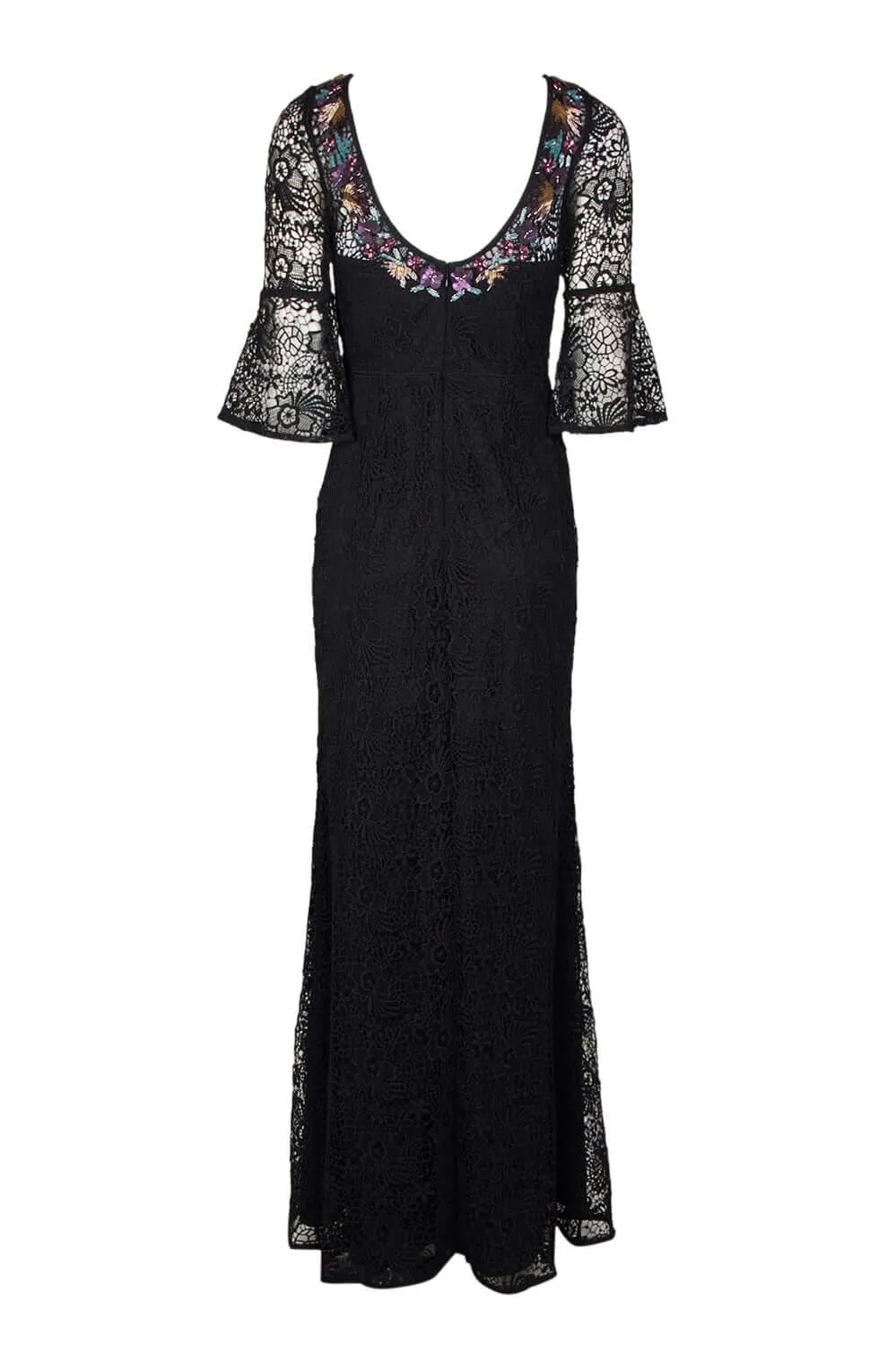 Aidan Mattox Embellished Boat Neck Circular Flounce 3/4 Sleeve Scoop Back Floral Lace Gown