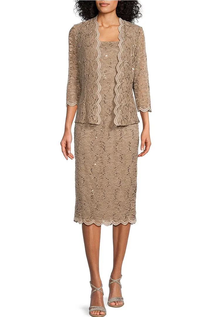 Alex Evenings Square Neck Sleeveless Bodycon Floral Lace Dress With Long Sleeve Open Front Lace Jacket