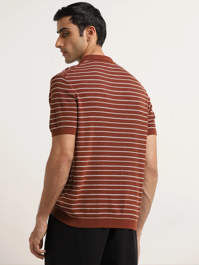 Ascot Rust Striped Textured Relaxed-Fit Polo Cotton T-Shirt