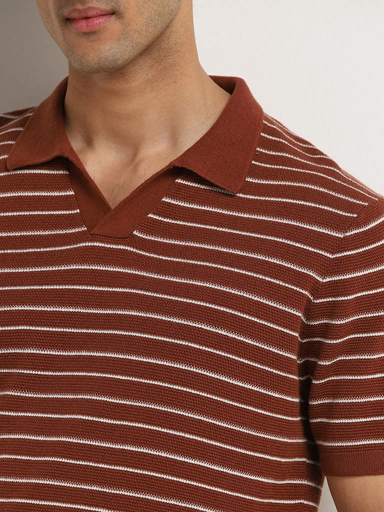 Ascot Rust Striped Textured Relaxed-Fit Polo Cotton T-Shirt