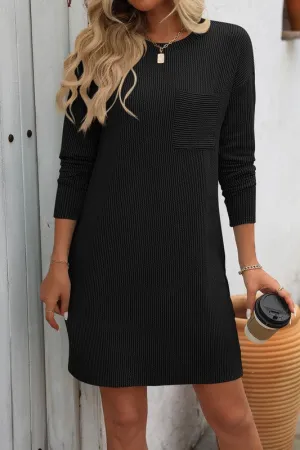 Aurora Ribbed Knit Chest Pocket Dress - Black