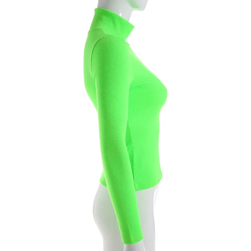 Autumn Winter turtleneck long sleeve neon green t-shirts knitted neon top tee shirt basic Top