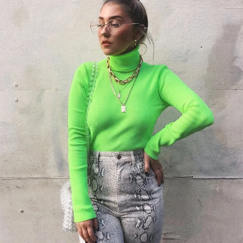 Autumn Winter turtleneck long sleeve neon green t-shirts knitted neon top tee shirt basic Top