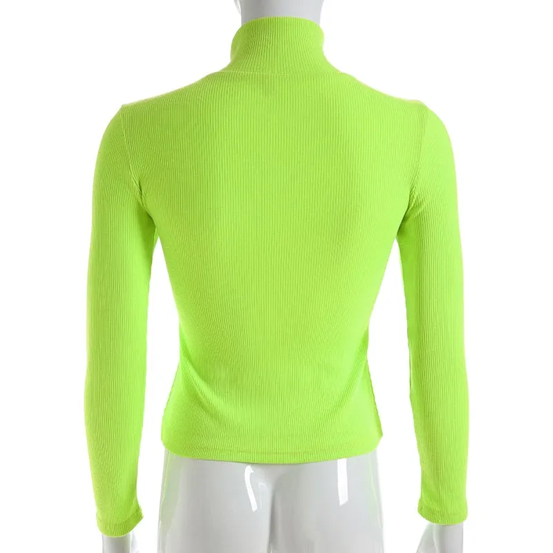 Autumn Winter turtleneck long sleeve neon green t-shirts knitted neon top tee shirt basic Top