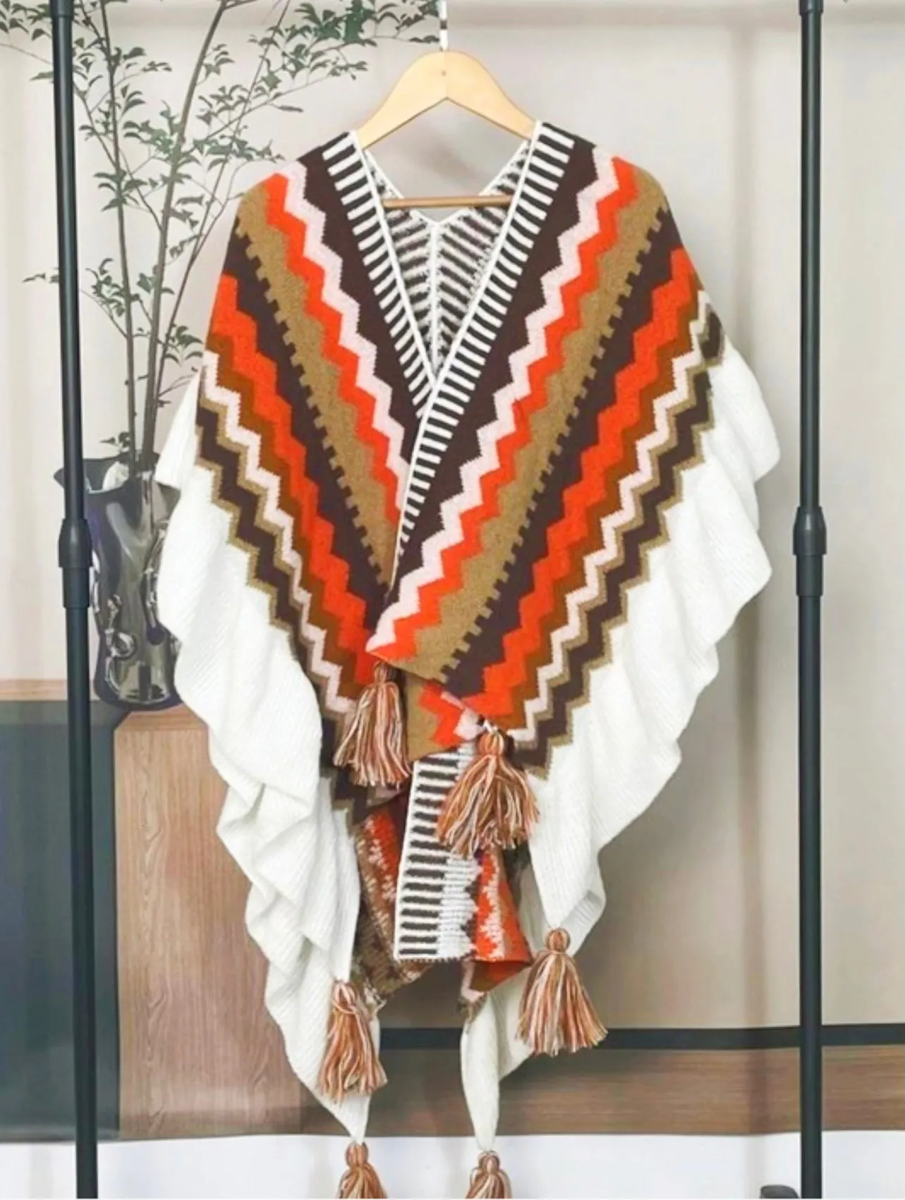 AZTEC TASSELED PONCHO-Orange