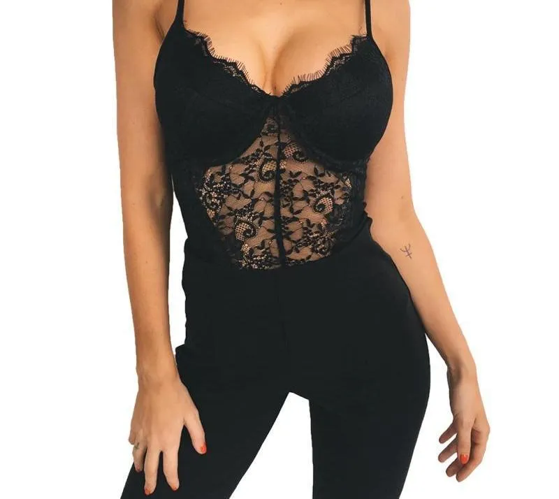 Backless Lace Black Skinny Jumpsuit