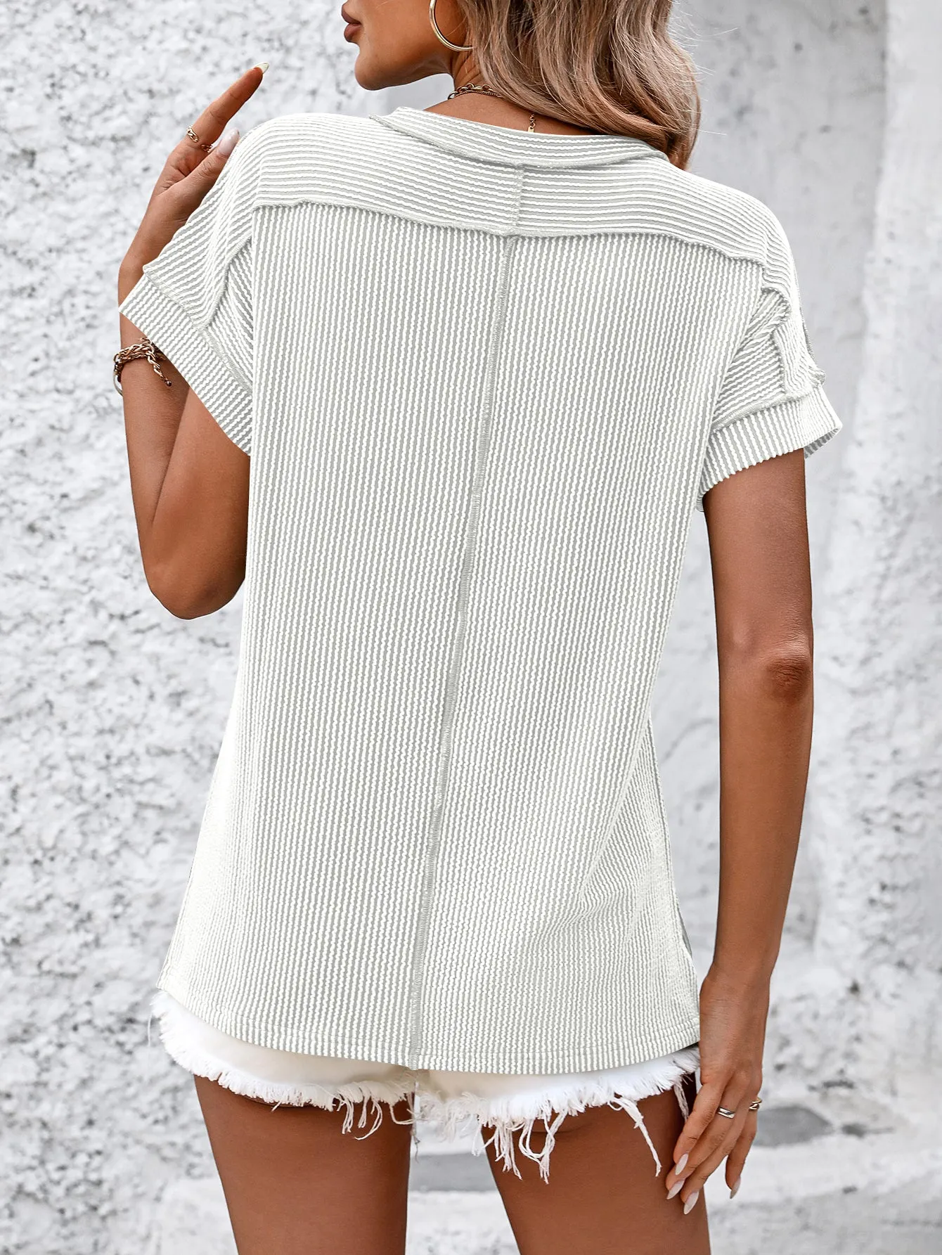 Backstitch Strip Short Sleeve Knit Casual T Shirts