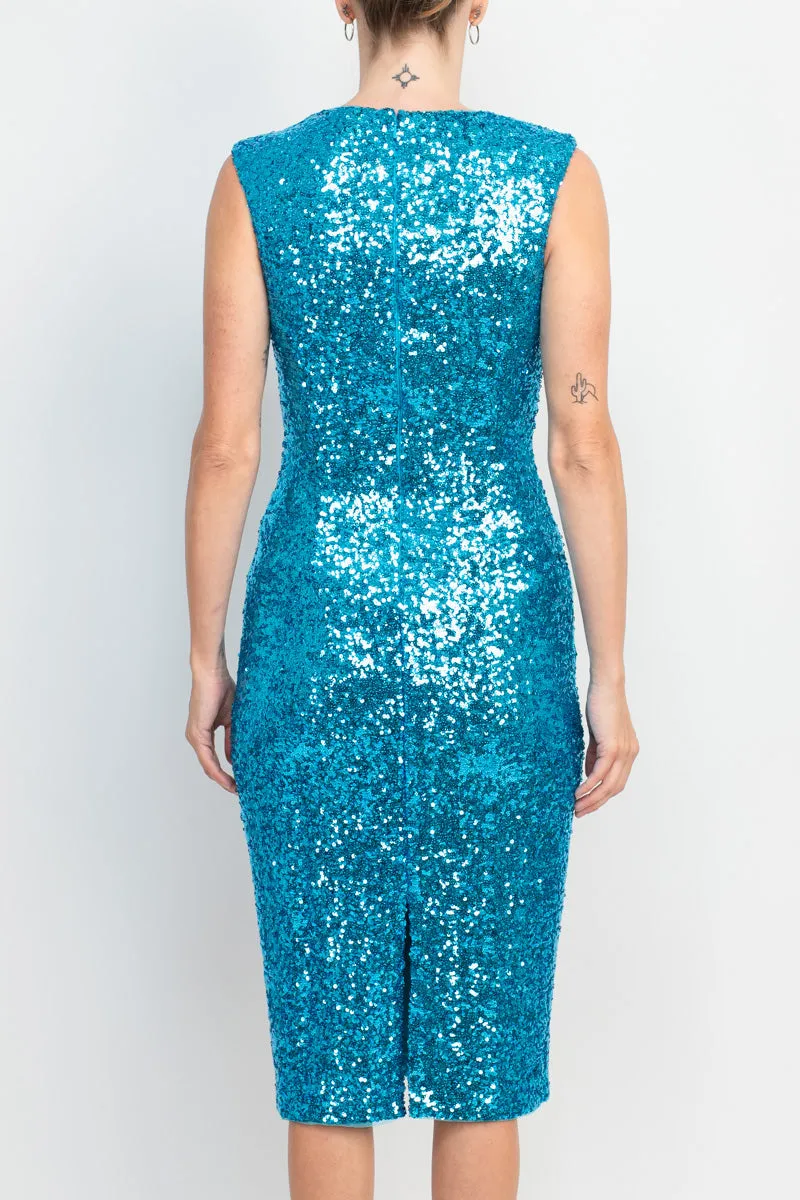 Badgley Mischka jewel neck sleeveless bodycon zipper closure slit back sequined dress