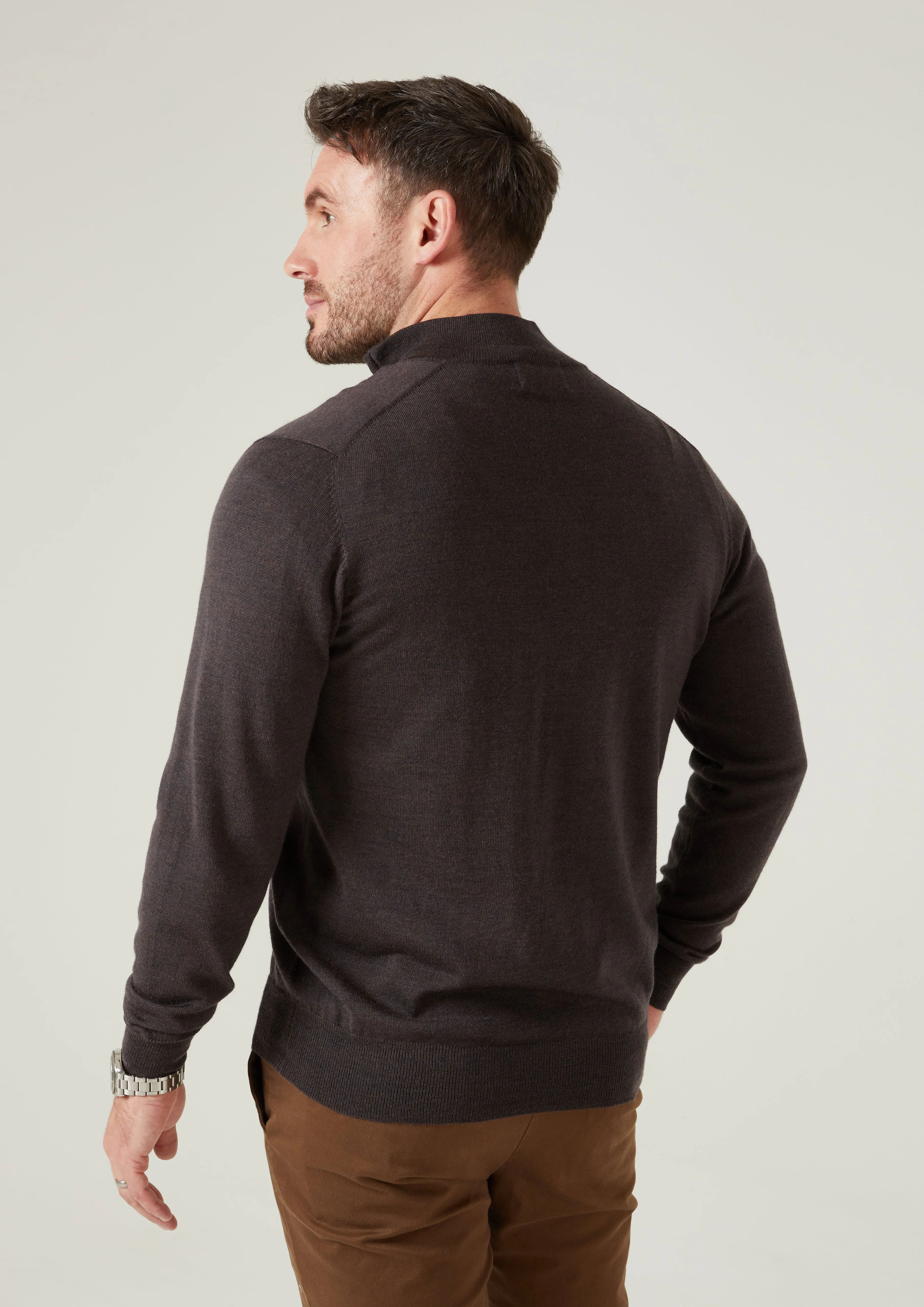 Barton Merino Wool 1/4 Zip Mock Jumper in Dark Brown - Regular Fit