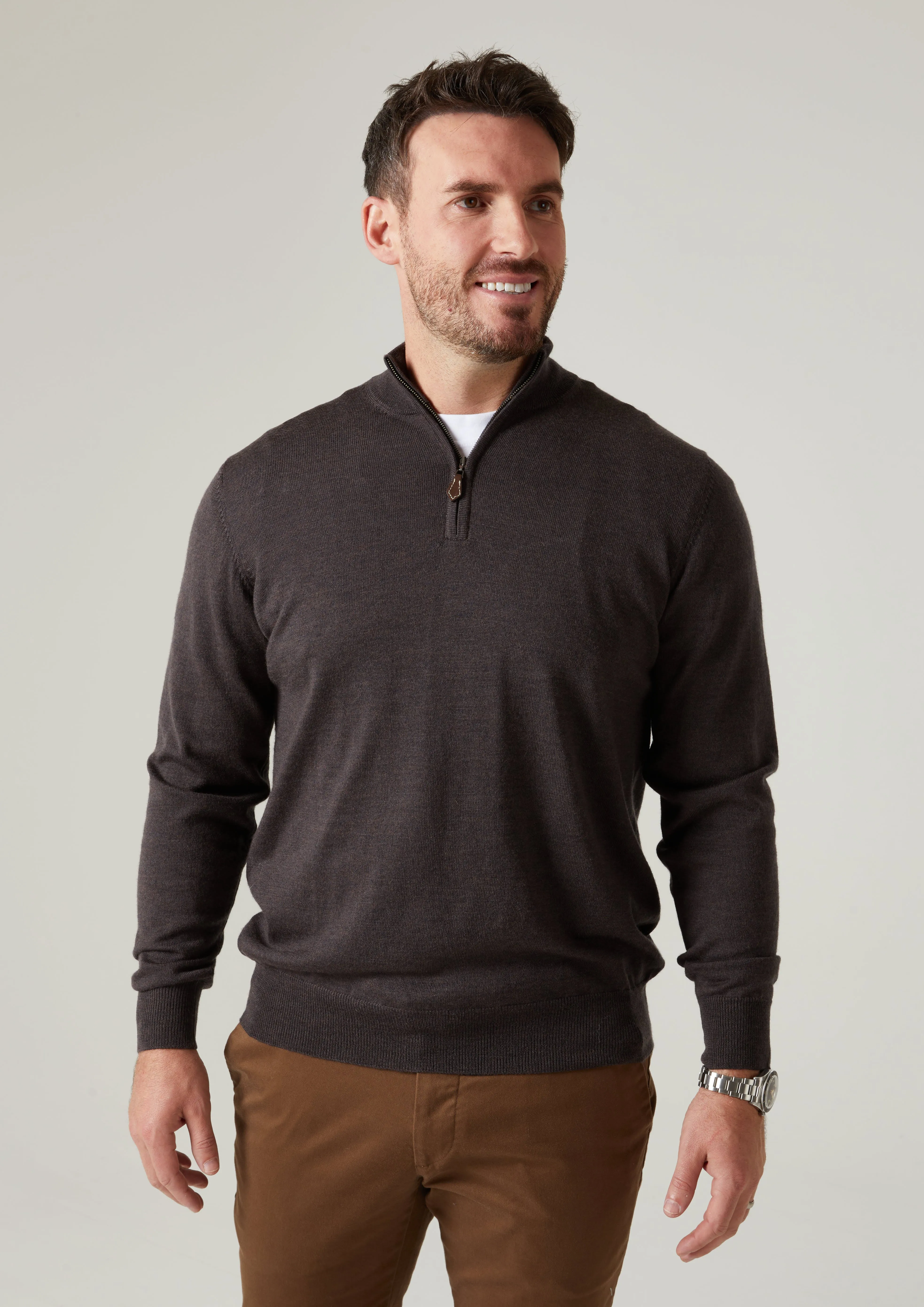 Barton Merino Wool 1/4 Zip Mock Jumper in Dark Brown - Regular Fit