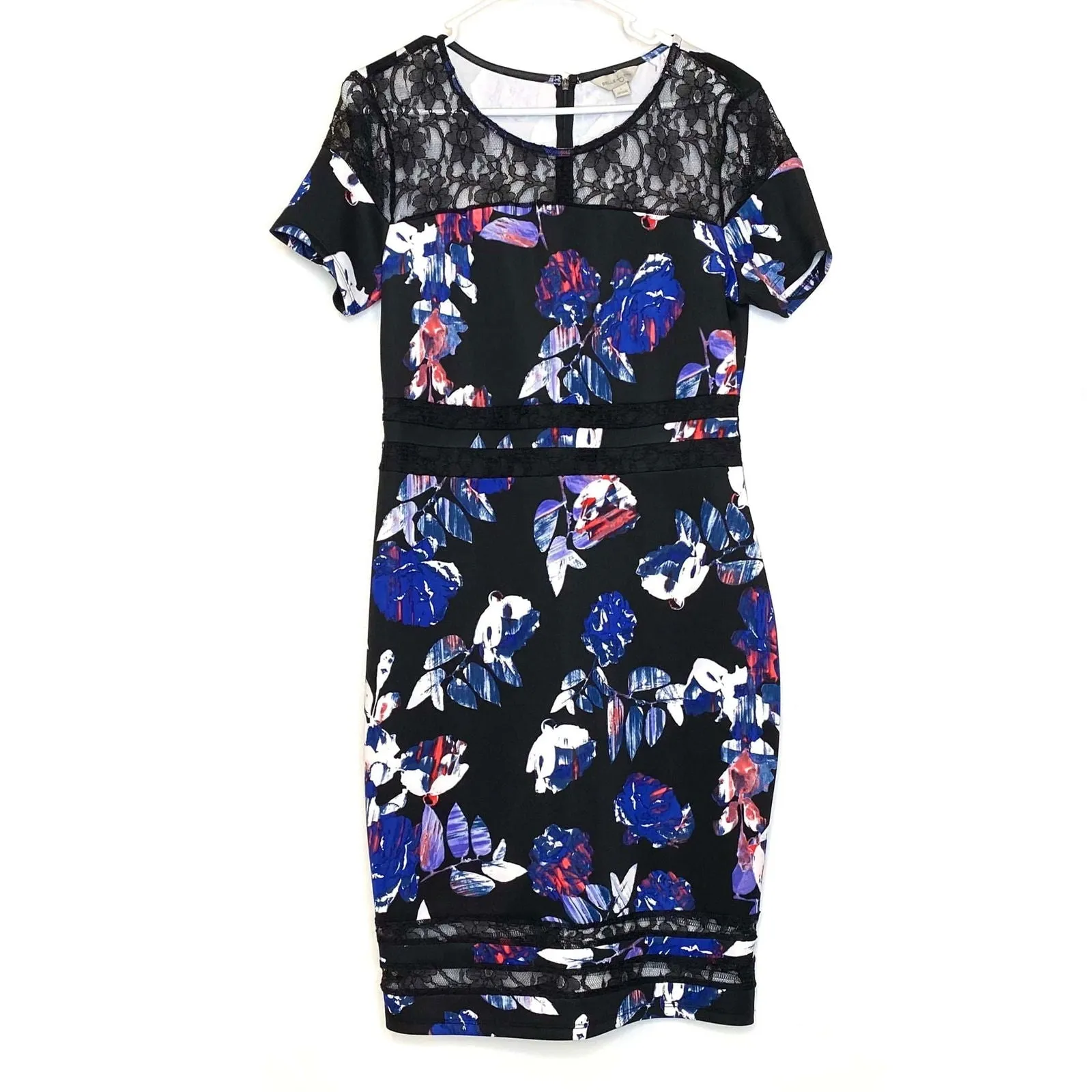 Belle   Sky Womens Size L White/Black/Blue Floral Bodycon Dress Knee Length