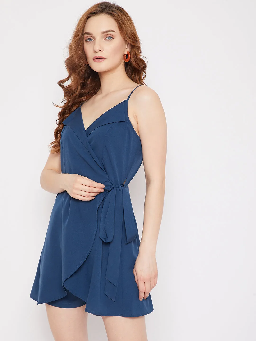 Berrylush Women Solid Blue Ruffle Side Knot Cami Wrap Jumpsuit