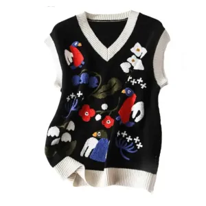 Birds Flowers Embroidered Knitted V-neck Vest