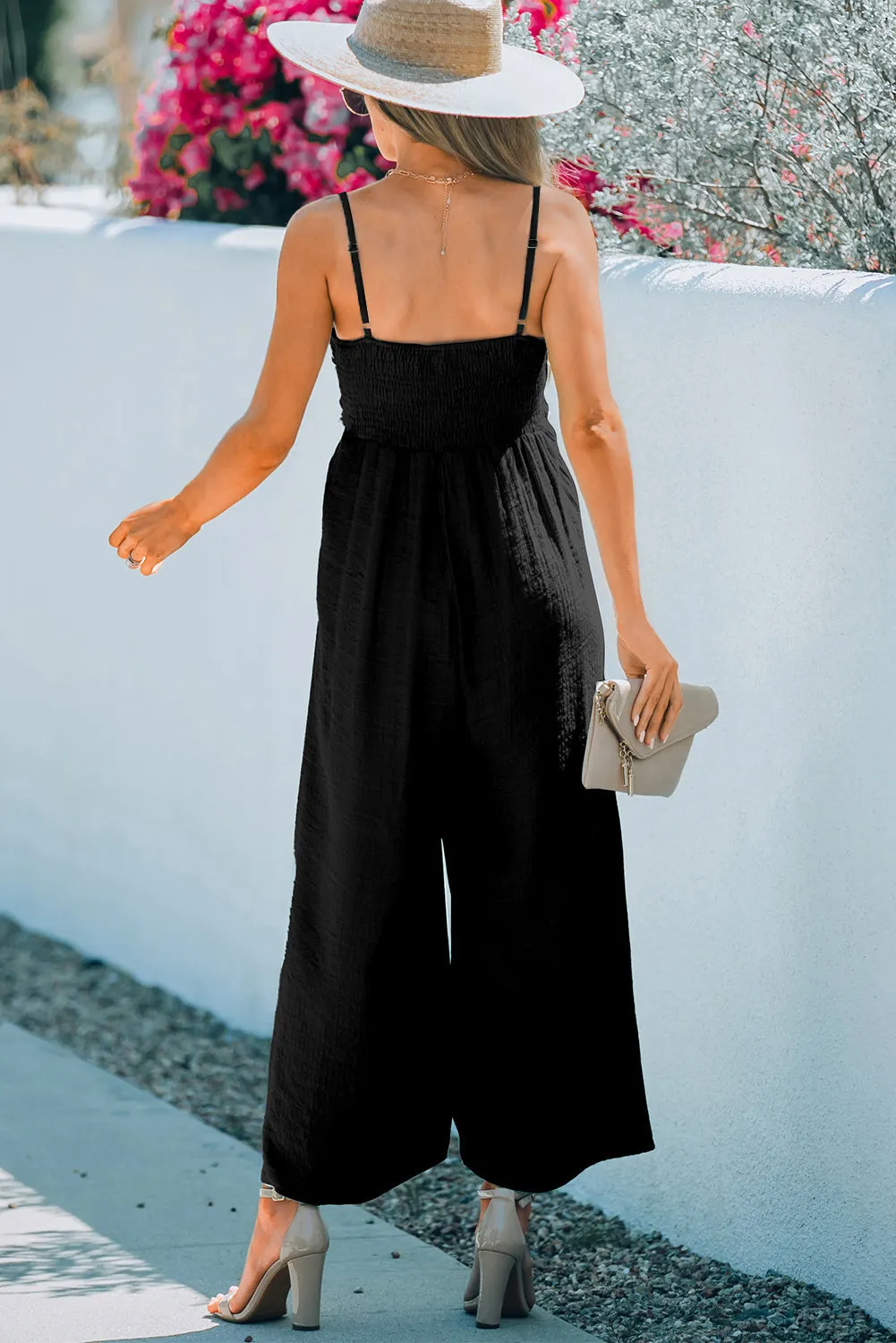 Black Front Knot Smocked Back Spaghetti Straps Jumpsuit