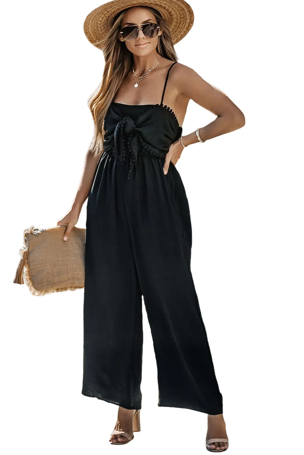 Black Front Knot Smocked Back Spaghetti Straps Jumpsuit