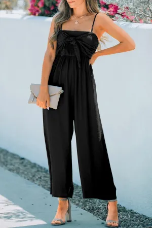 Black Front Knot Smocked Back Spaghetti Straps Jumpsuit