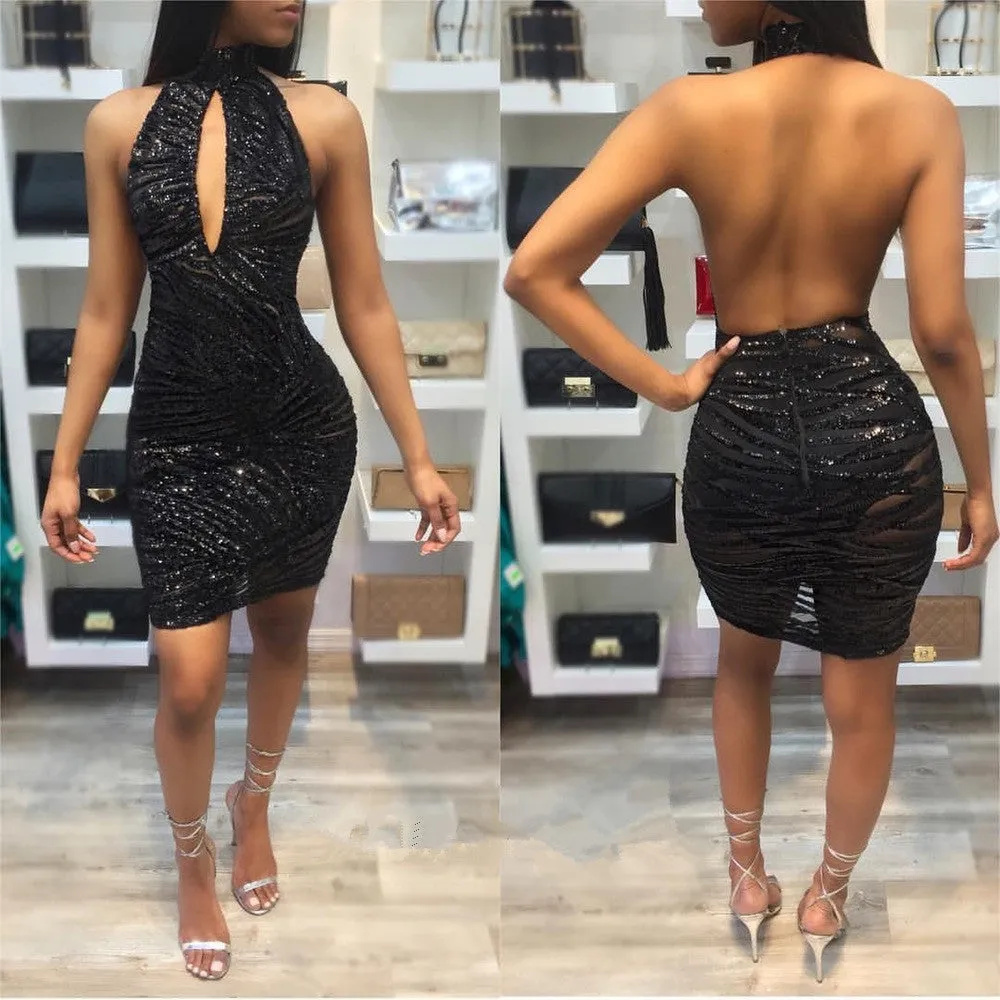 Black Sequin Backless Bodycon Dress