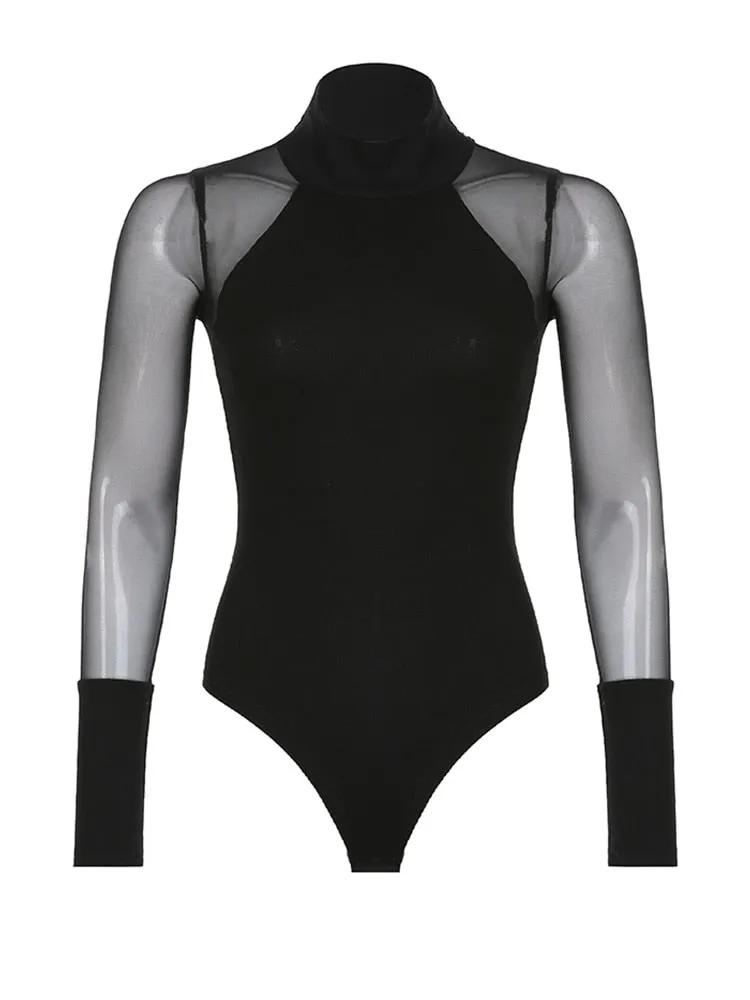 Black Sheer Long Sleeve Bodysuit Turtleneck - Sheer Sleeve Bodysuit