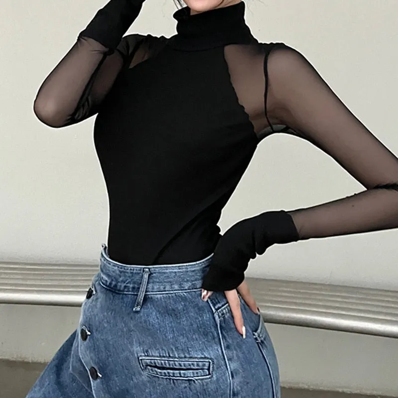 Black Sheer Long Sleeve Bodysuit Turtleneck - Sheer Sleeve Bodysuit