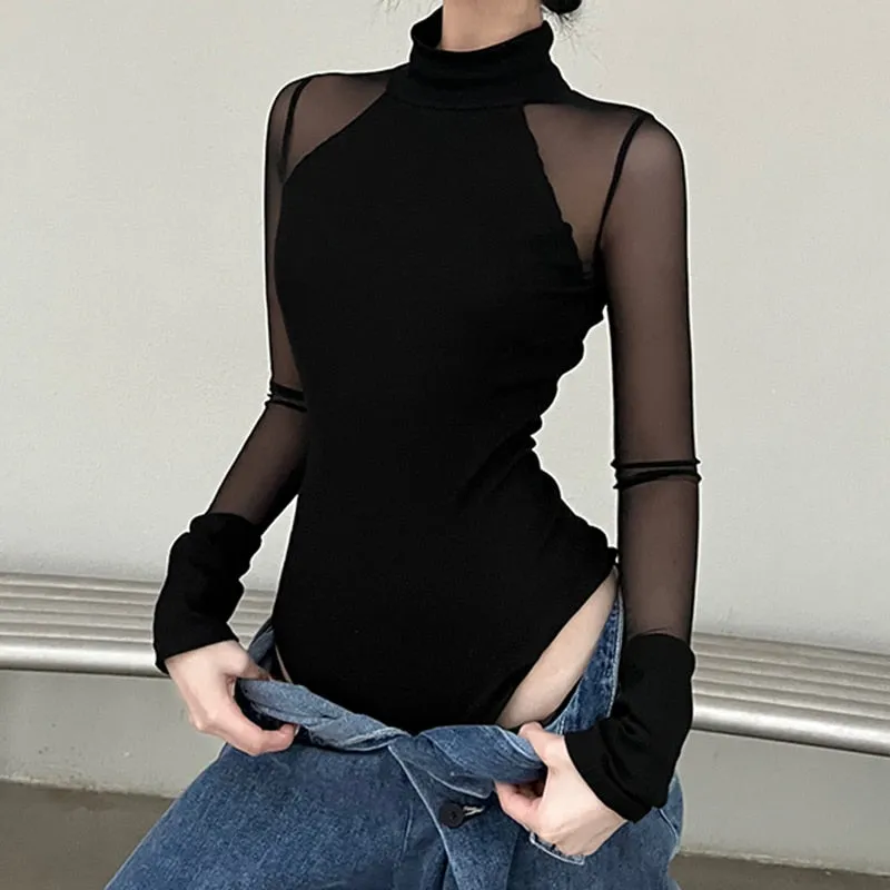 Black Sheer Long Sleeve Bodysuit Turtleneck - Sheer Sleeve Bodysuit