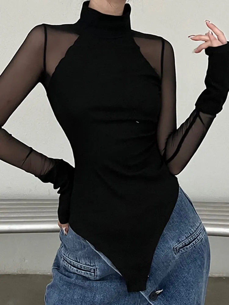 Black Sheer Long Sleeve Bodysuit Turtleneck - Sheer Sleeve Bodysuit