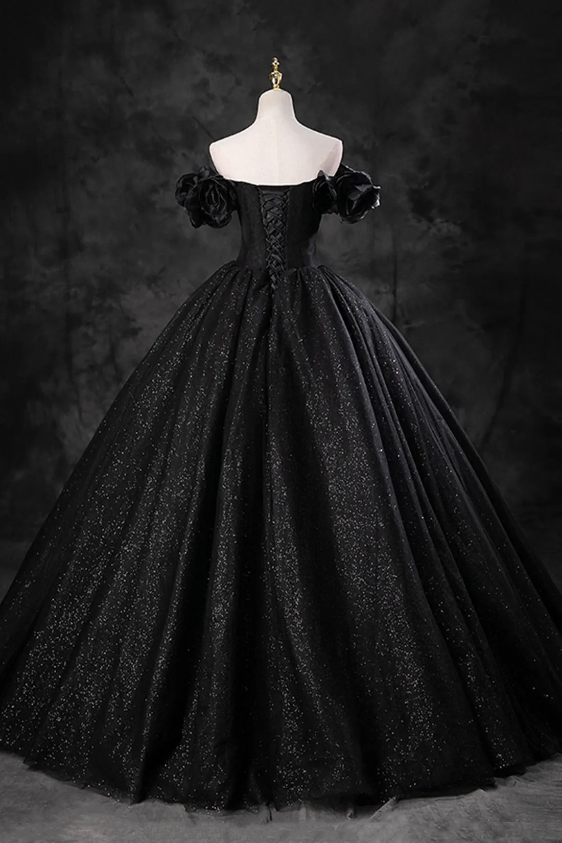 Black Shiny Tulle Floor Length A-Line Prom Dress, Off the Shoulder Evening Party Dress