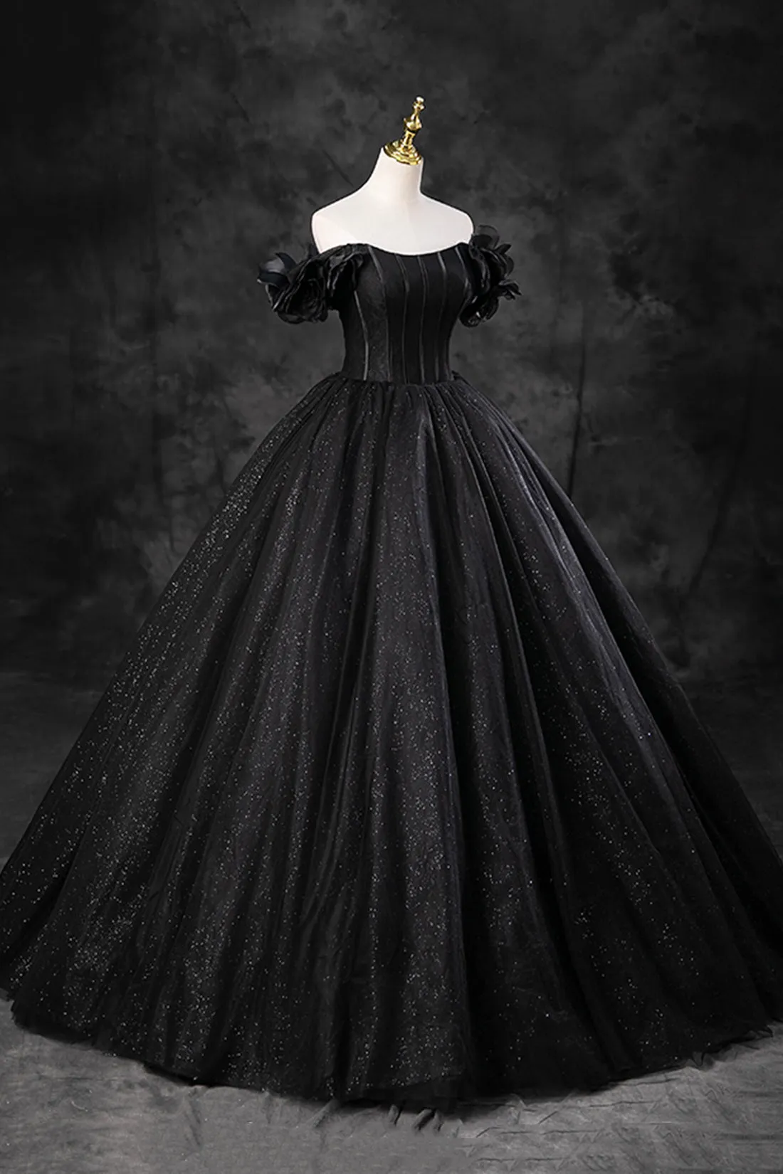 Black Shiny Tulle Floor Length A-Line Prom Dress, Off the Shoulder Evening Party Dress