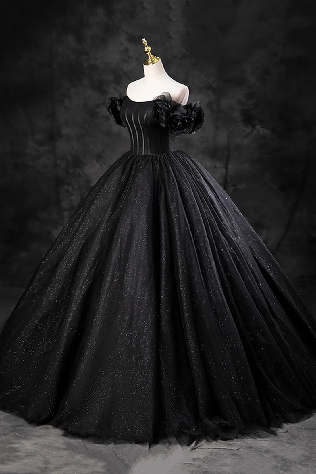 Black Shiny Tulle Floor Length A-Line Prom Dress, Off the Shoulder Evening Party Dress