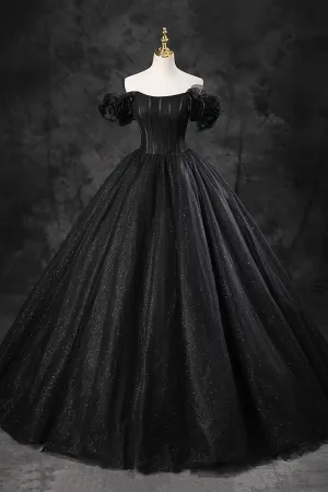 Black Shiny Tulle Floor Length A-Line Prom Dress, Off the Shoulder Evening Party Dress