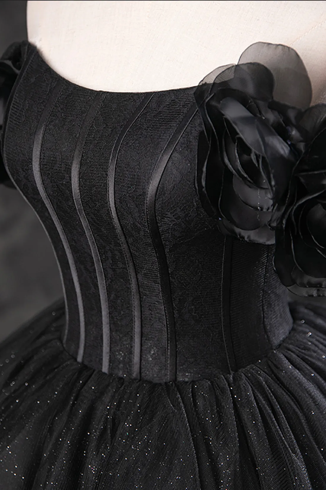 Black Shiny Tulle Floor Length A-Line Prom Dress, Off the Shoulder Evening Party Dress