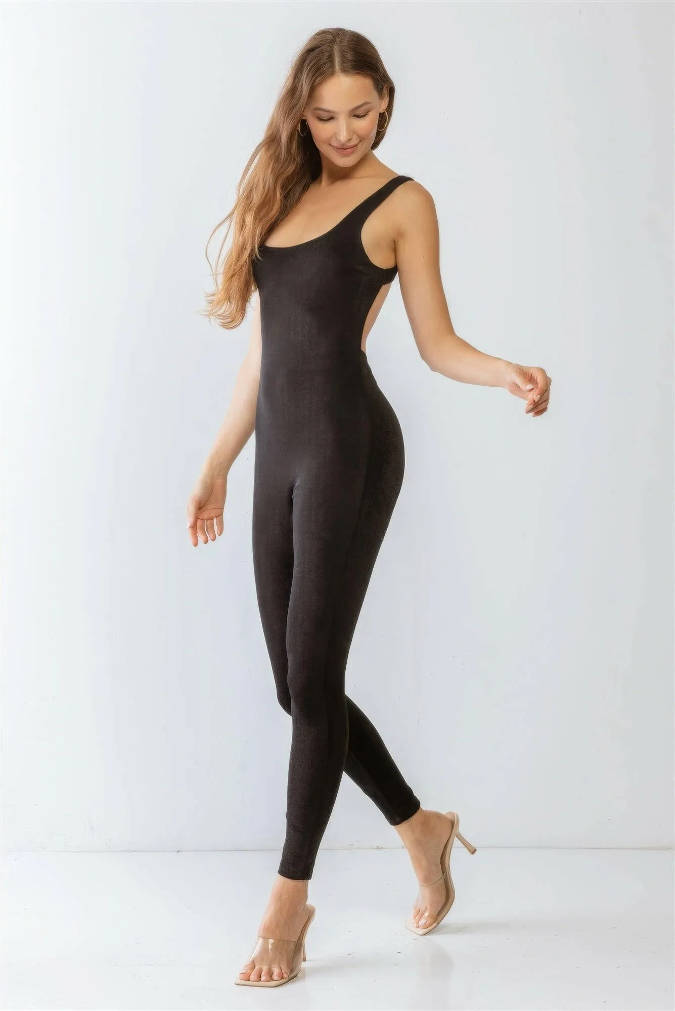 Black Sleeveless Cut-out Detail Slim Fit Jumpsuit & Open Front Long Sleeve