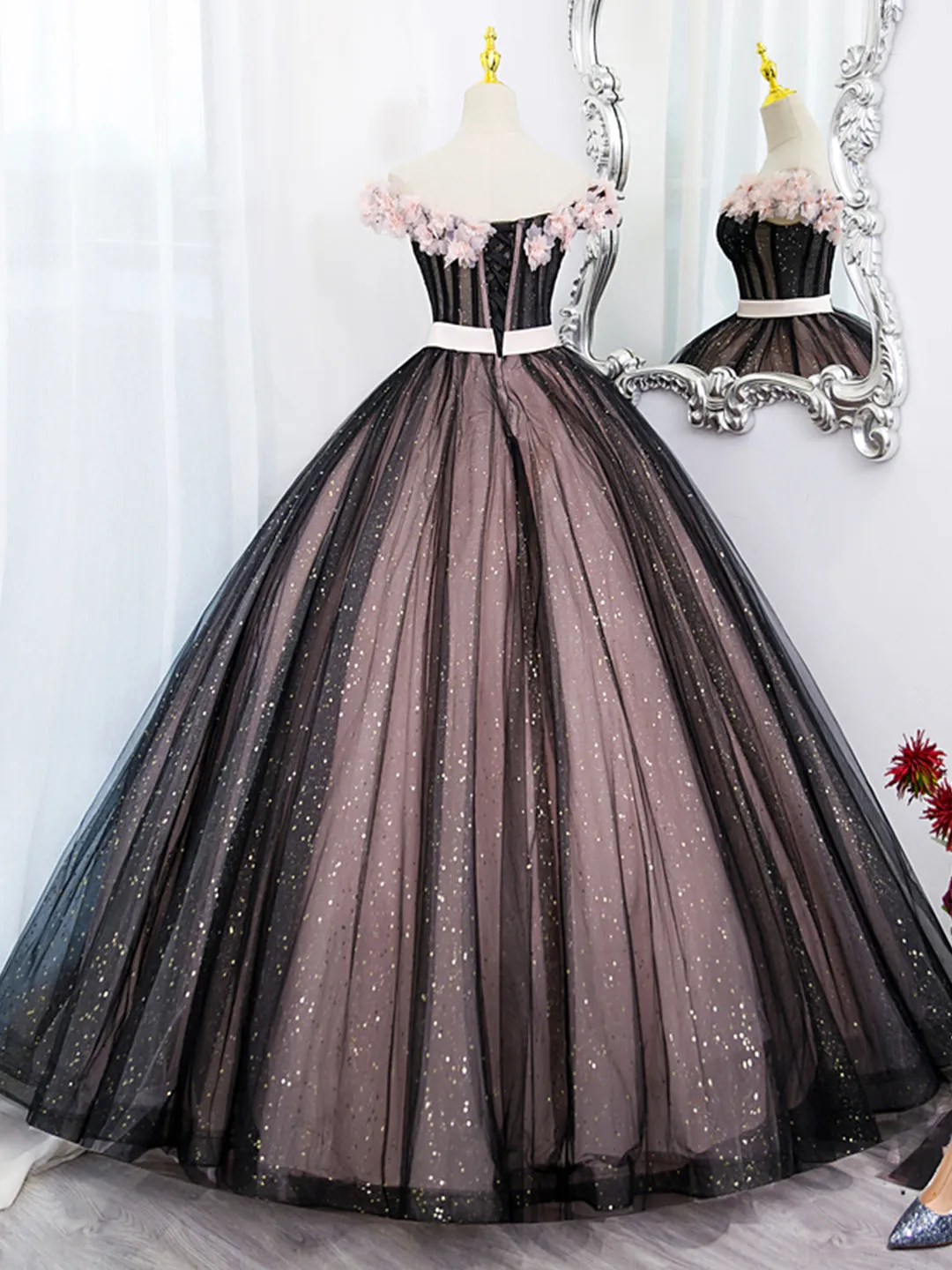 Black Tulle and Pink Flowers Party Dress, Black  Off Shoulder Sweet 16 Dress