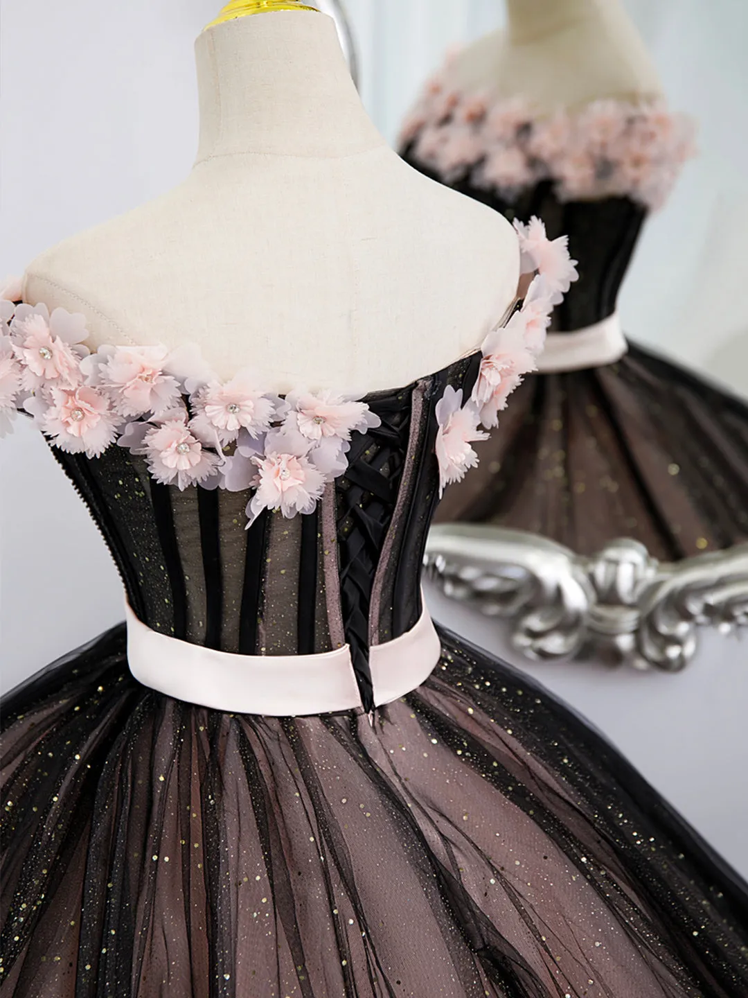 Black Tulle and Pink Flowers Party Dress, Black  Off Shoulder Sweet 16 Dress