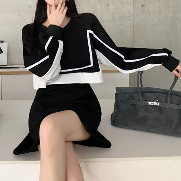 Black White Color Matching Fake Two Piece Short Dress