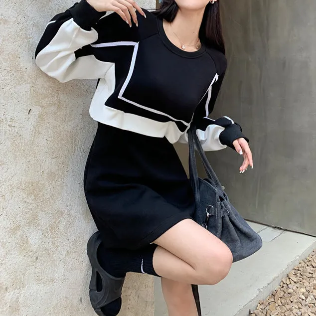 Black White Color Matching Fake Two Piece Short Dress