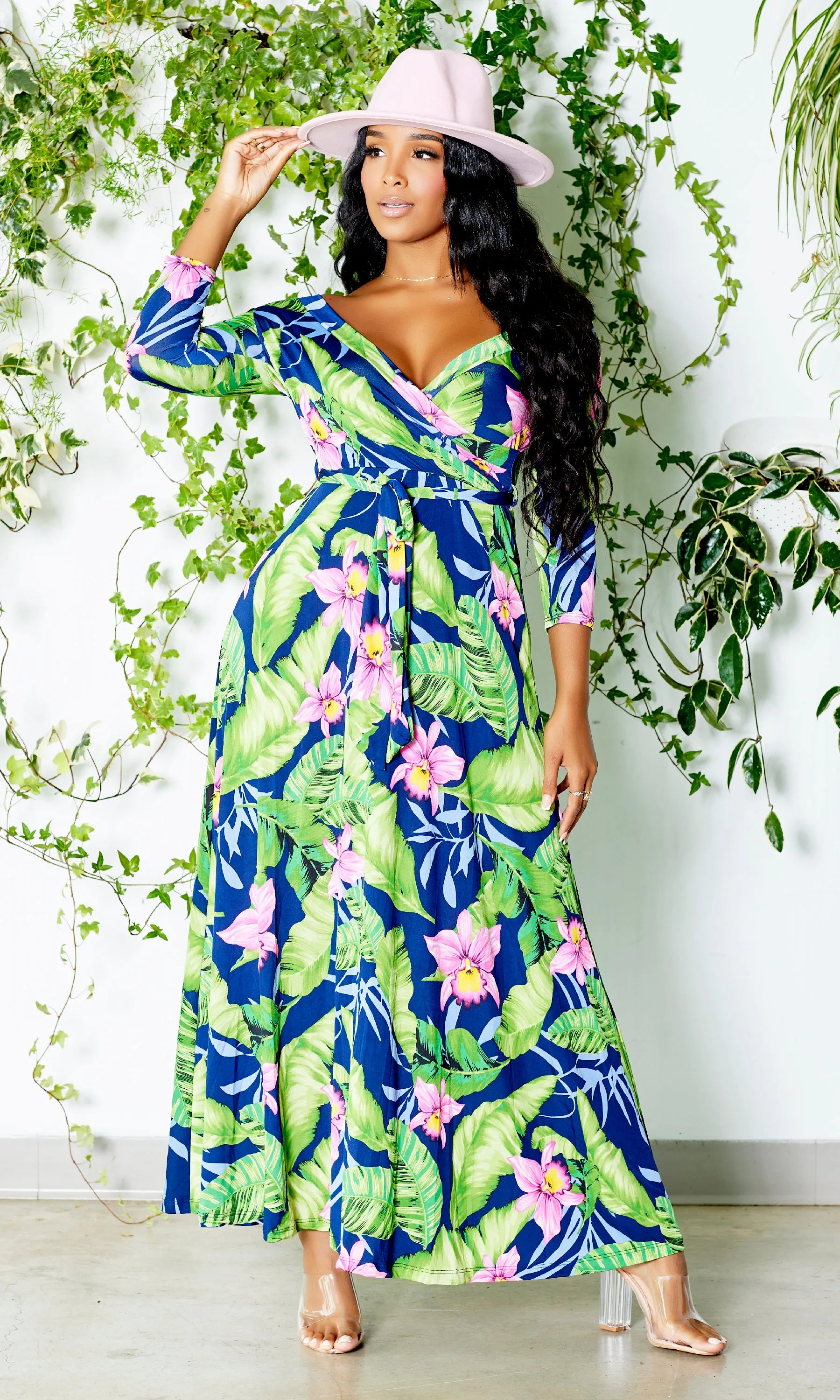 Blessed and Beautiful l Stretch Maxi Dress - Pink Lily Palm FINAL SALE