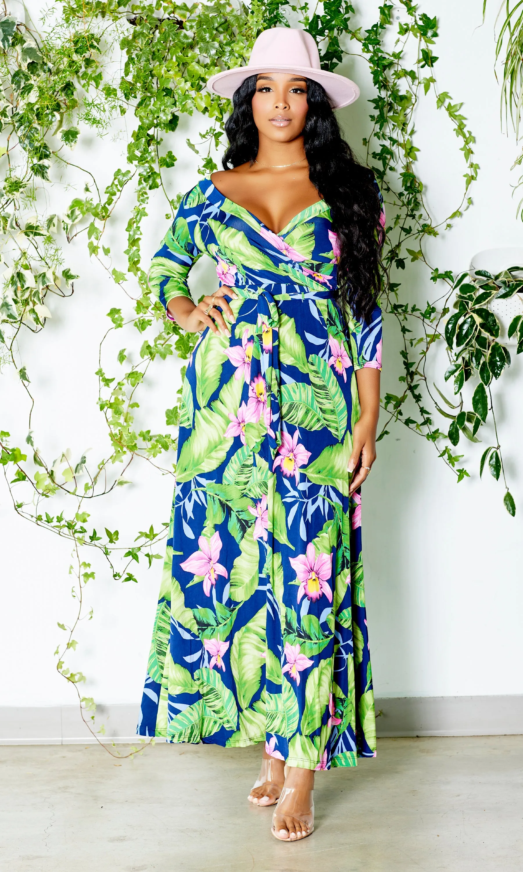 Blessed and Beautiful l Stretch Maxi Dress - Pink Lily Palm FINAL SALE