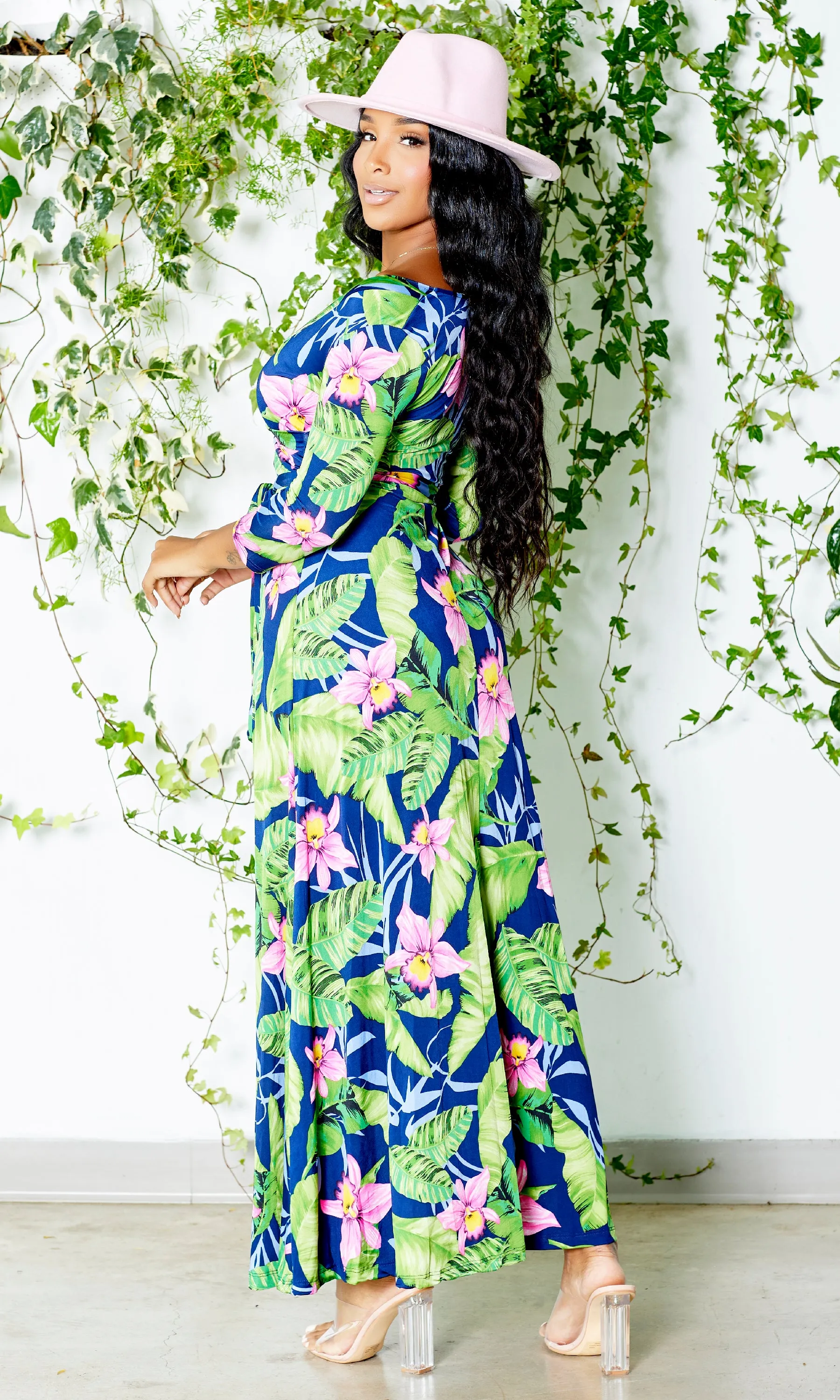 Blessed and Beautiful l Stretch Maxi Dress - Pink Lily Palm FINAL SALE