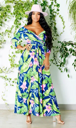 Blessed and Beautiful l Stretch Maxi Dress - Pink Lily Palm FINAL SALE